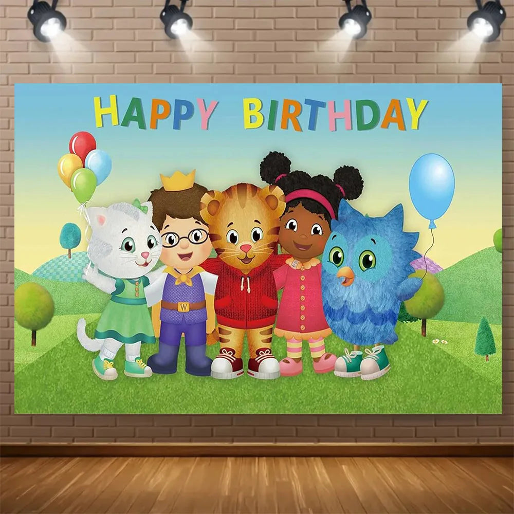 A colorful cartoon illustration featuring anthropomorphic animals celebrating a birthday party.