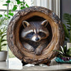Aluminum wall art sign featuring a raccoon peering out of a natural tree hole