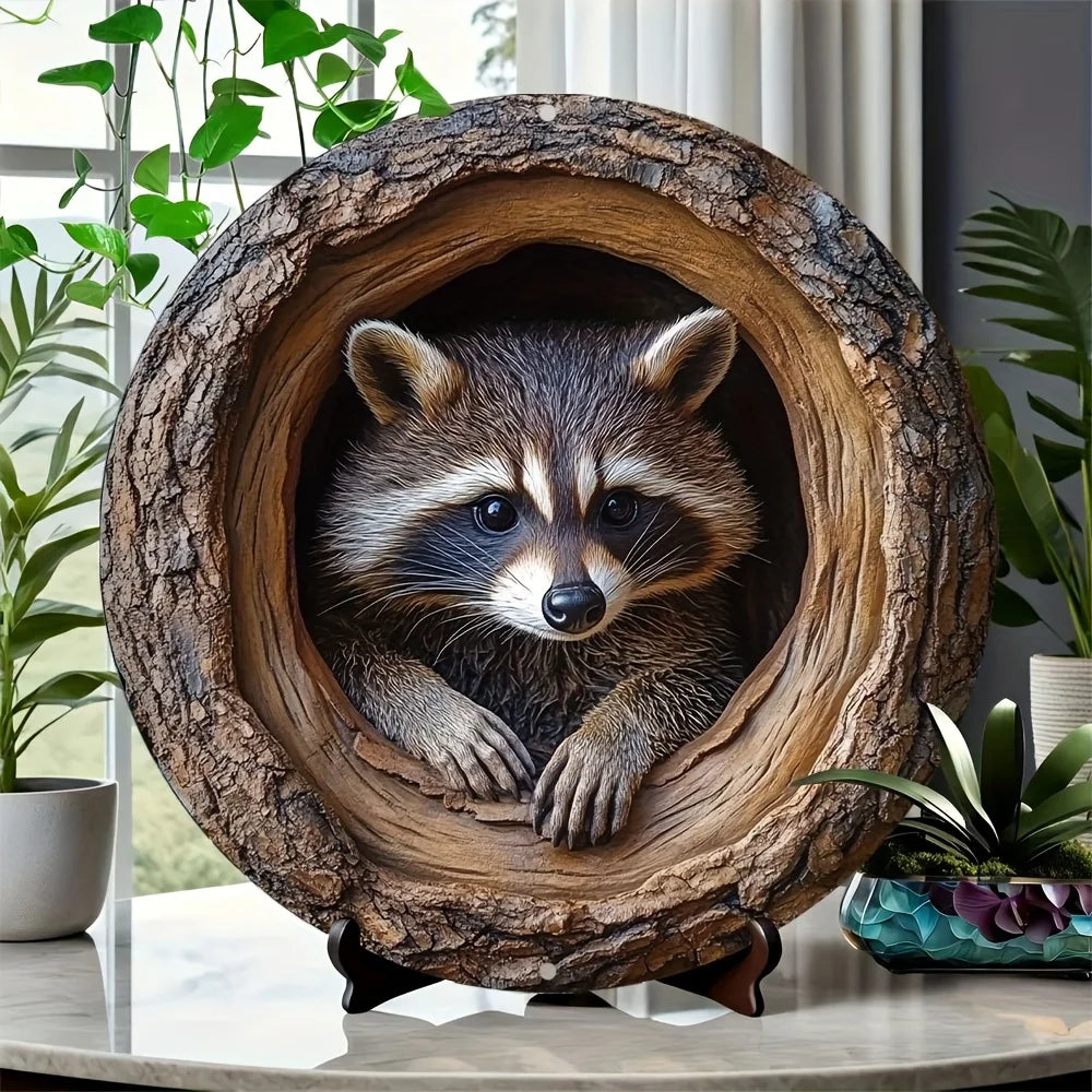 Aluminum wall art sign featuring a raccoon peering out of a natural tree hole