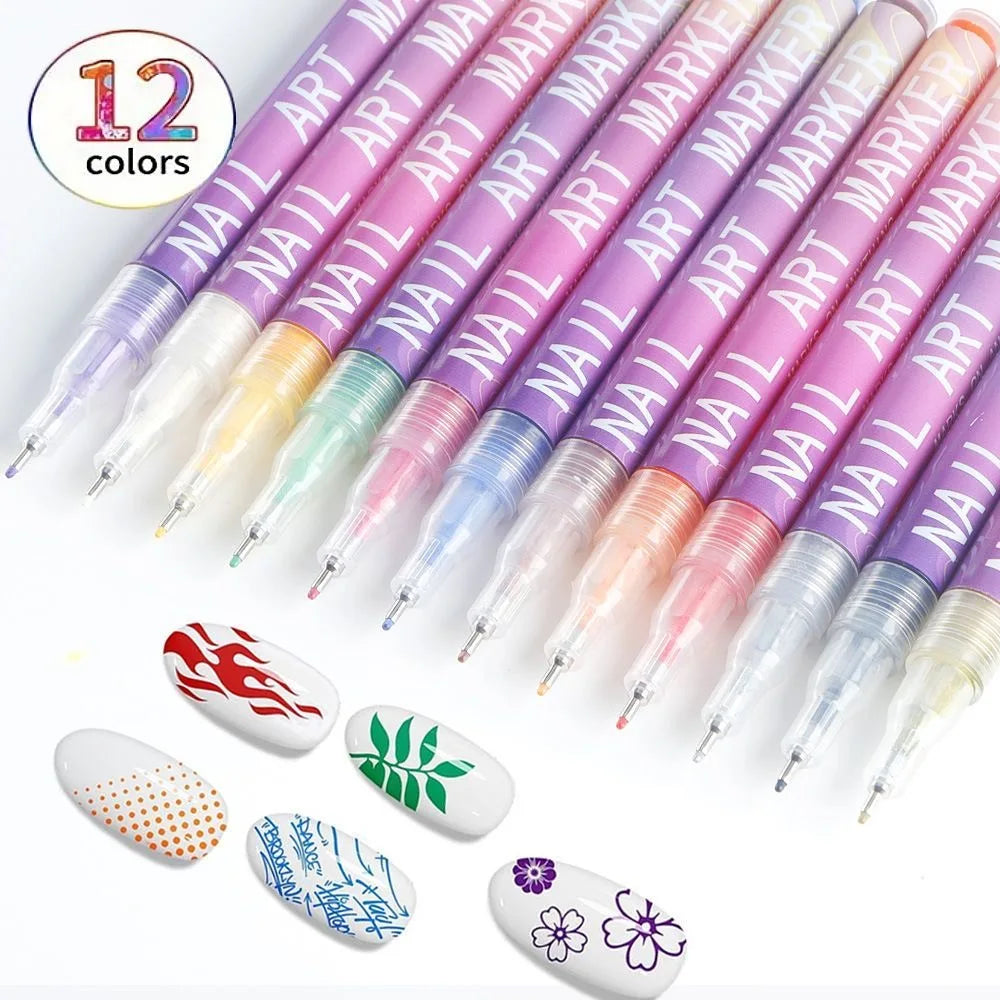 A collection of twelve colored precision nail art pens with fine 0.5mm tips displayed on a white background.