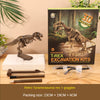 A dinosaur skeleton model and goggles are displayed next to the packaging for a T-Rex excavation kit.