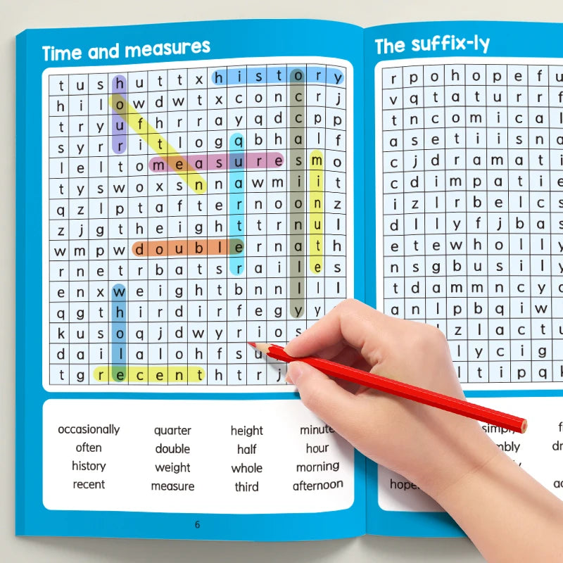 A page from a large print word search book showing various words and measures in a grid format.