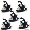 Five black plastic shark building blocks with white teeth and eyes in a set