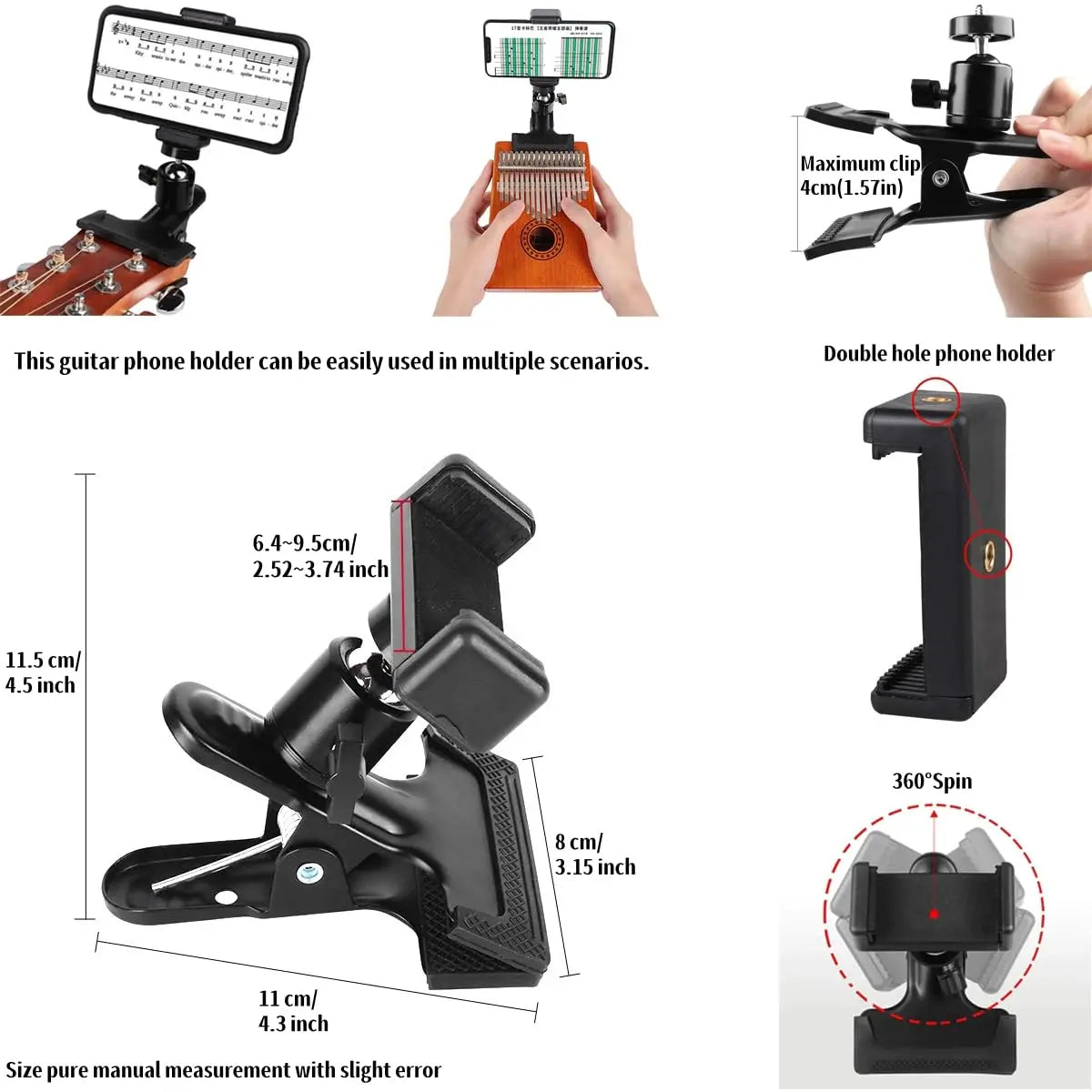 A black 360 degree rotating mount for a guitar and phone used for live streaming or recording.