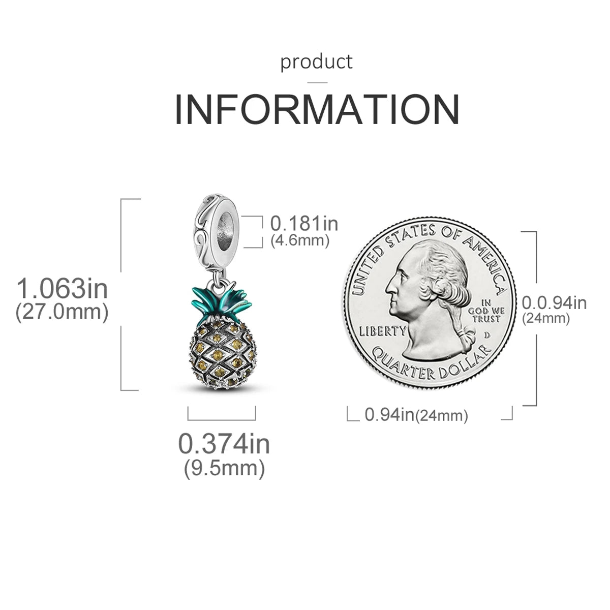 A set of fruit charm beads made of 925 sterling silver with zircon stones, featuring a pineapple and a coin design.