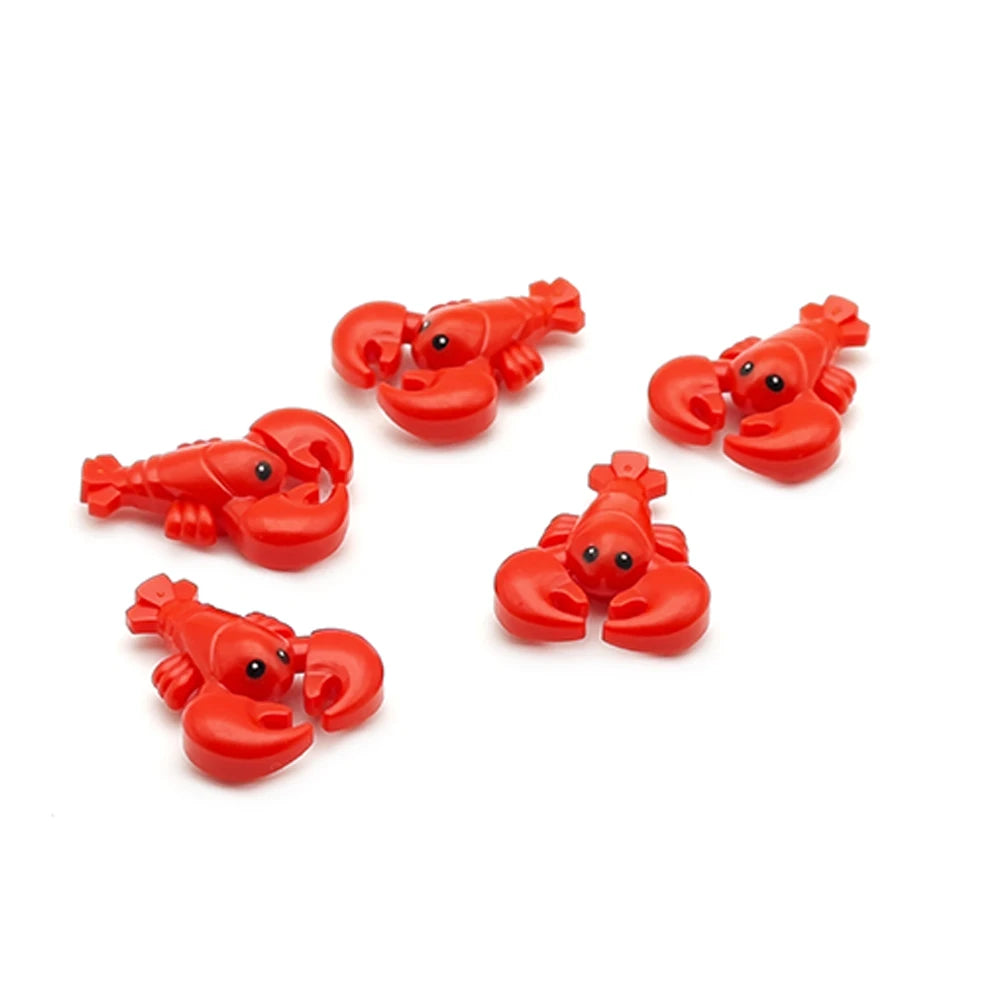 A set of eight red marine creature building blocks.