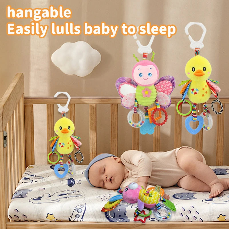 Soft Hanging Baby Rattle with Sensory Cartoon Plush Toy for Stroller and Crib