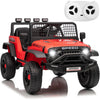 Red electric ride-on truck for kids with a black grille and large tires, shown in a studio setting.