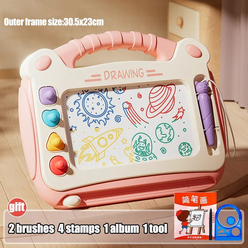 Pink magnetic drawing board for kids with brushes stamps and an album tool