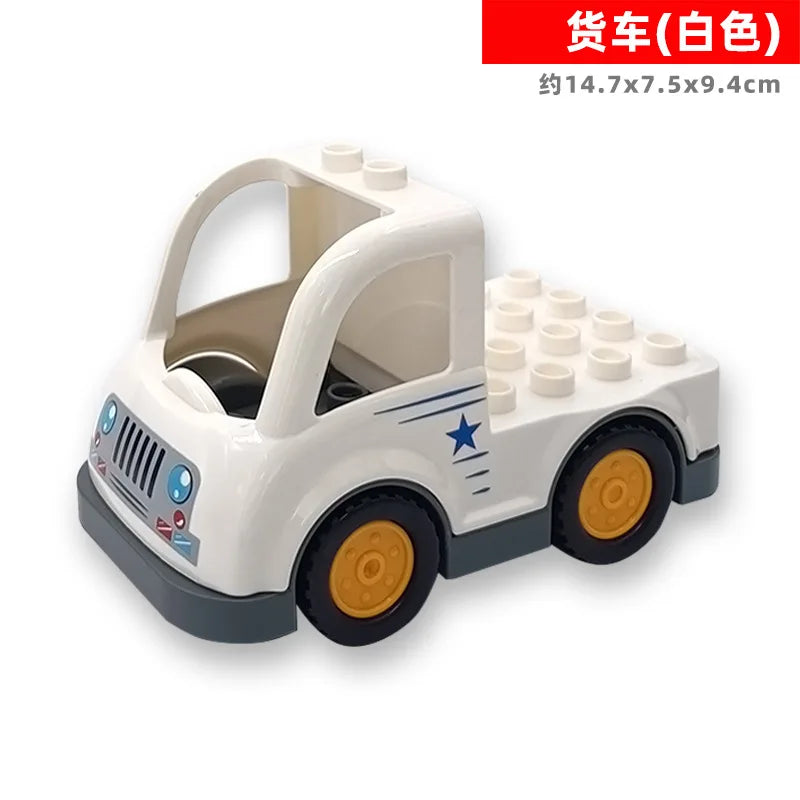 A white toy truck and trailer made of building blocks for children.