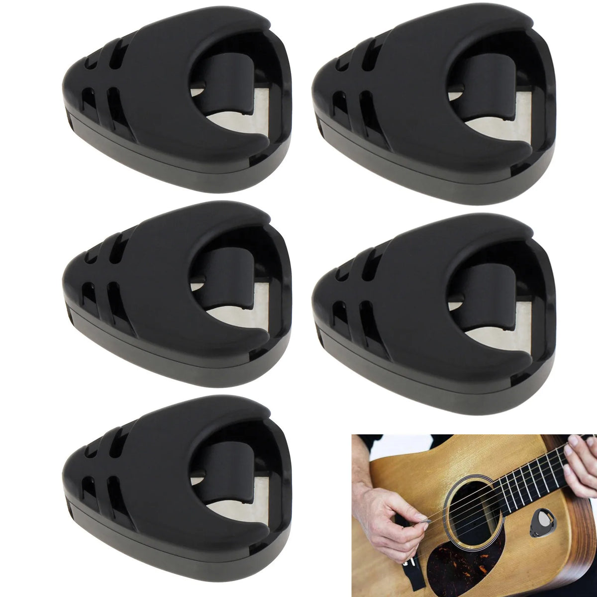 Black adhesive guitar pick holder designed to store and organize six guitar picks.