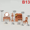 A miniature dollhouse furniture set featuring a mirror, a stand, a cabinet, and a chair in a light brown wood tone.