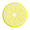 A yellow silicone baby teether set featuring fruit and vegetable shapes for soothing gums.