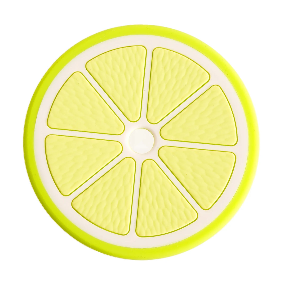 A yellow silicone baby teether set featuring fruit and vegetable shapes for soothing gums.