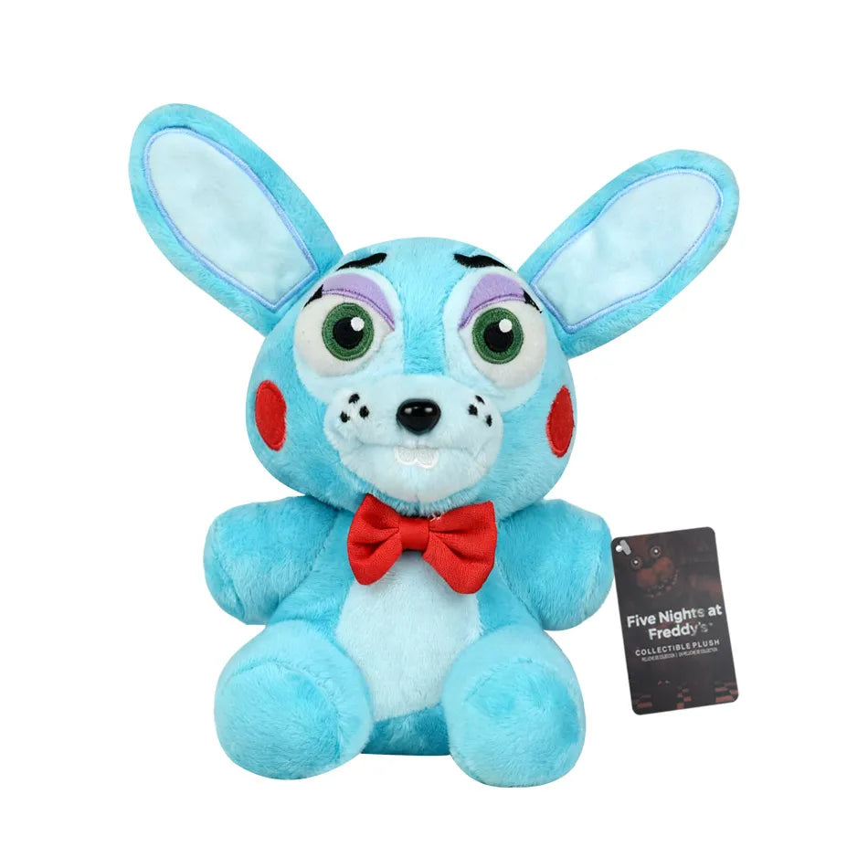 A plush toy of the character Bonnie from Five Nights at Freddy's featuring light blue fur and large ears.