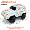 A white Jeep toy car with lights is shown, requiring two 5 batteries for operation.