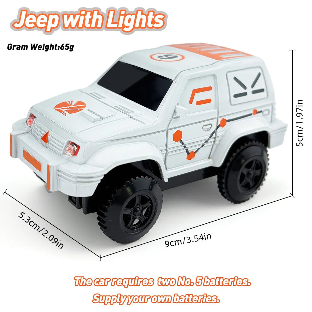 A white Jeep toy car with lights is shown, requiring two 5 batteries for operation.