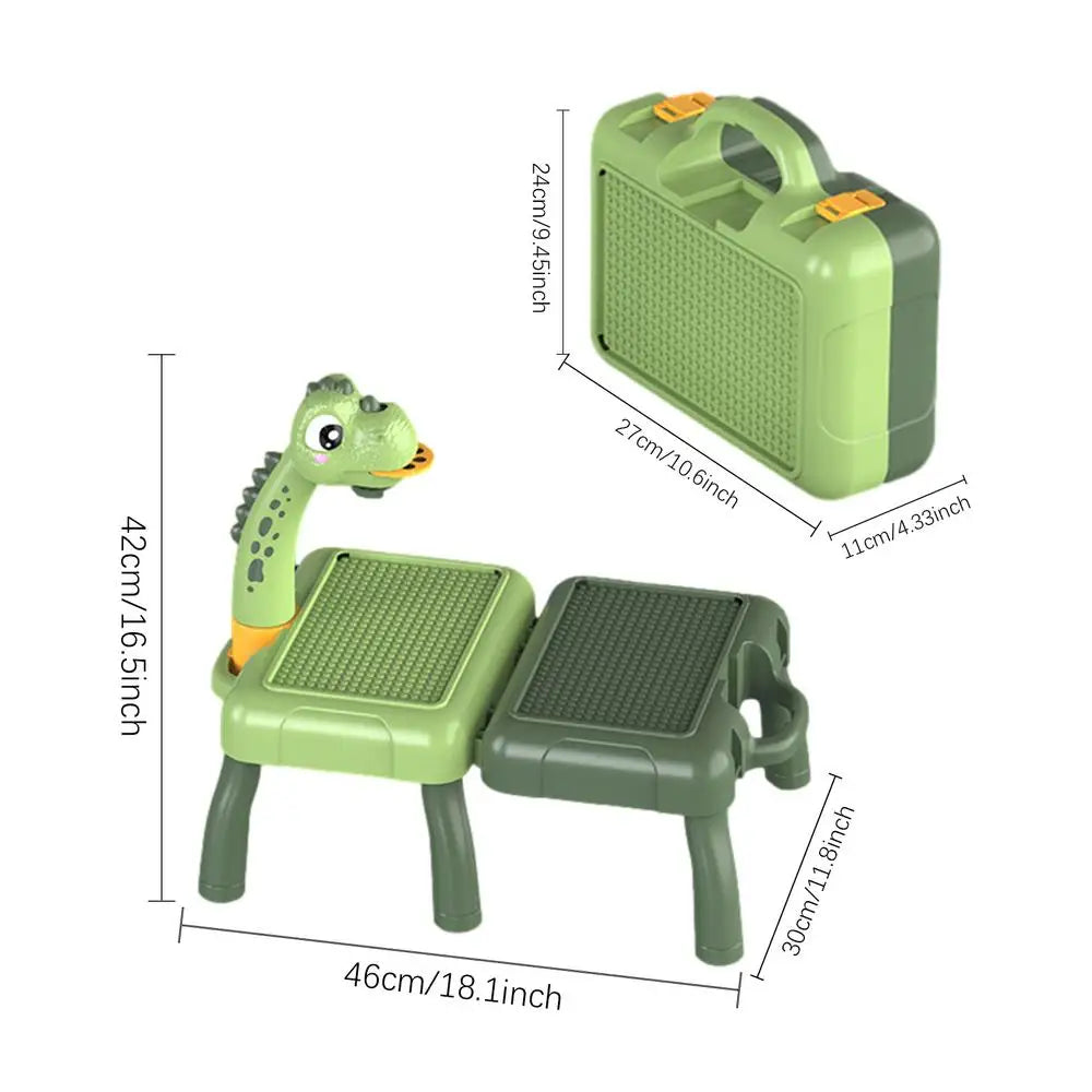 A green kids drawing projector with music and learning activities shown from the side.
