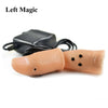 A pair of light-colored, thumb-shaped LED lights with black dots, along with a charging cable.