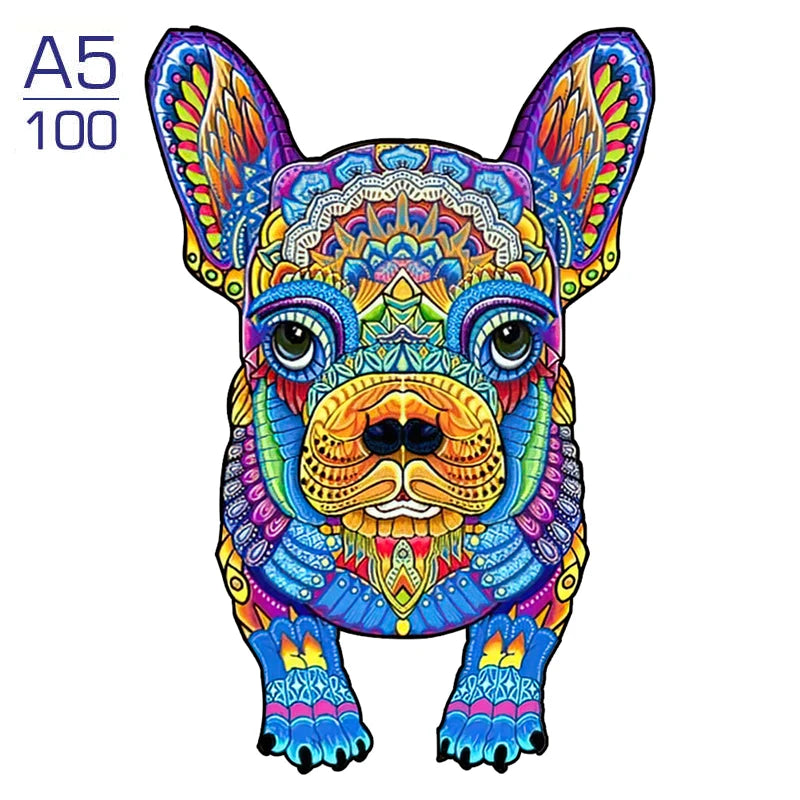 A detailed, colorful illustration of a puppy dog face designed for an A5 jigsaw puzzle.