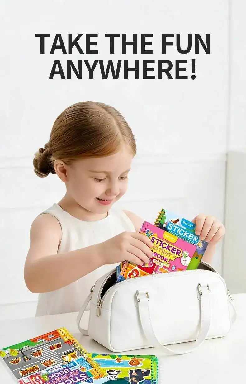 A young girl is using a reusable sticker book for kids as a quiet activity in a bright setting.