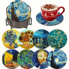 An assortment of eight diamond painting coasters featuring various nature and landscape scenes.