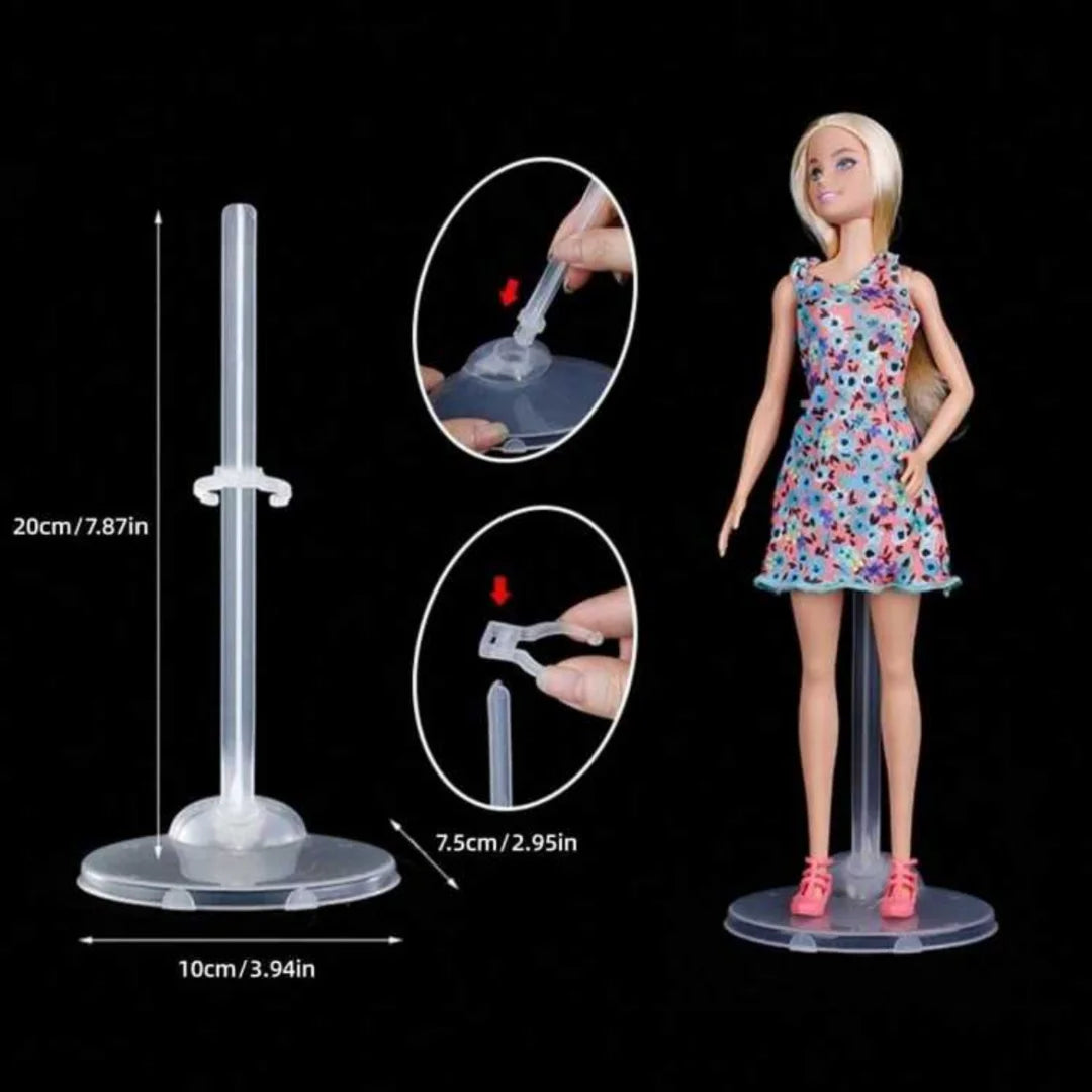 A transparent doll display stand with a waist clip shown in various angles and dimensions.