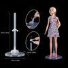 A transparent doll display stand with a waist clip shown in various angles and dimensions.