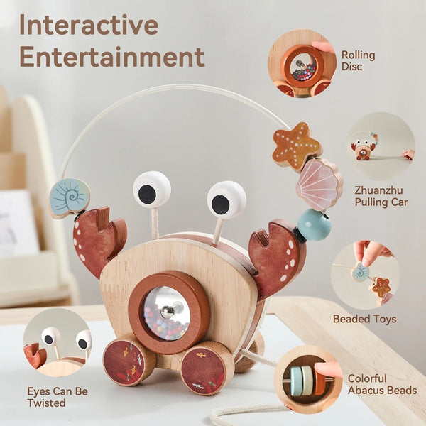 A wooden crab drag toy featuring rolling discs, pulling cars, and beaded toys for interactive entertainment.
