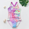 Pink and purple kids mermaid unicorn one-piece swimsuit featuring a stylized fish tail design