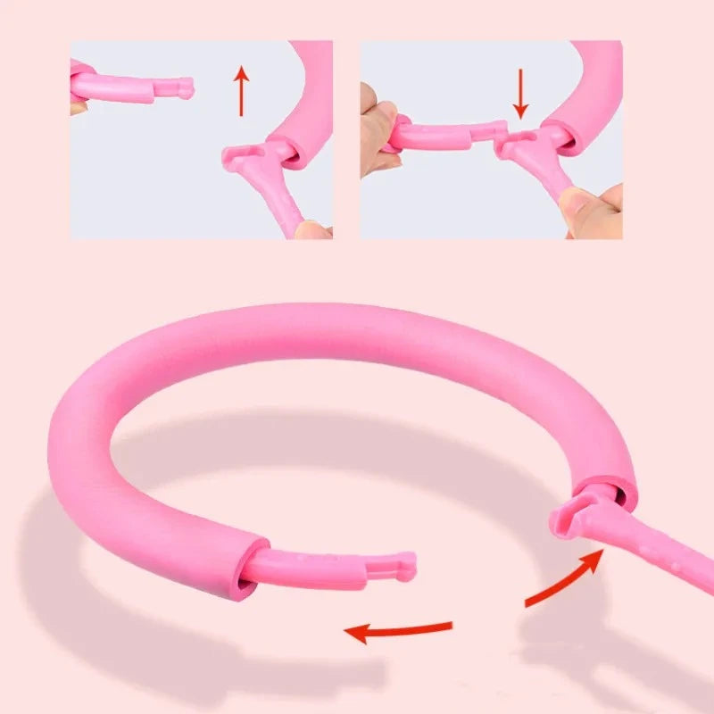 Pink flashing bouncing ball with a foldable jump ring shown in various angles.