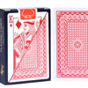 A box of playing cards featuring a red and white design, with a single card displayed next to the packaging.