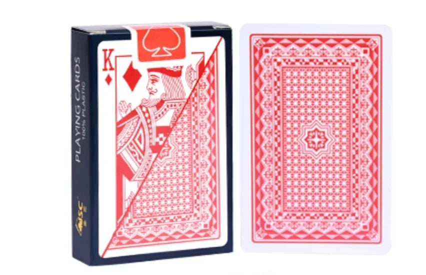 A box of playing cards featuring a red and white design, with a single card displayed next to the packaging.