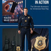 A male actor dressed as a police officer holds a realistic walkie-talkie set and badge accessory for immersive role play.