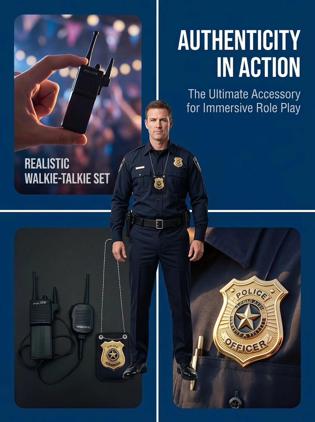 A male actor dressed as a police officer holds a realistic walkie-talkie set and badge accessory for immersive role play.