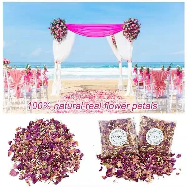 A pile of dried purple and pink rose petals used as confetti for weddings and celebrations.