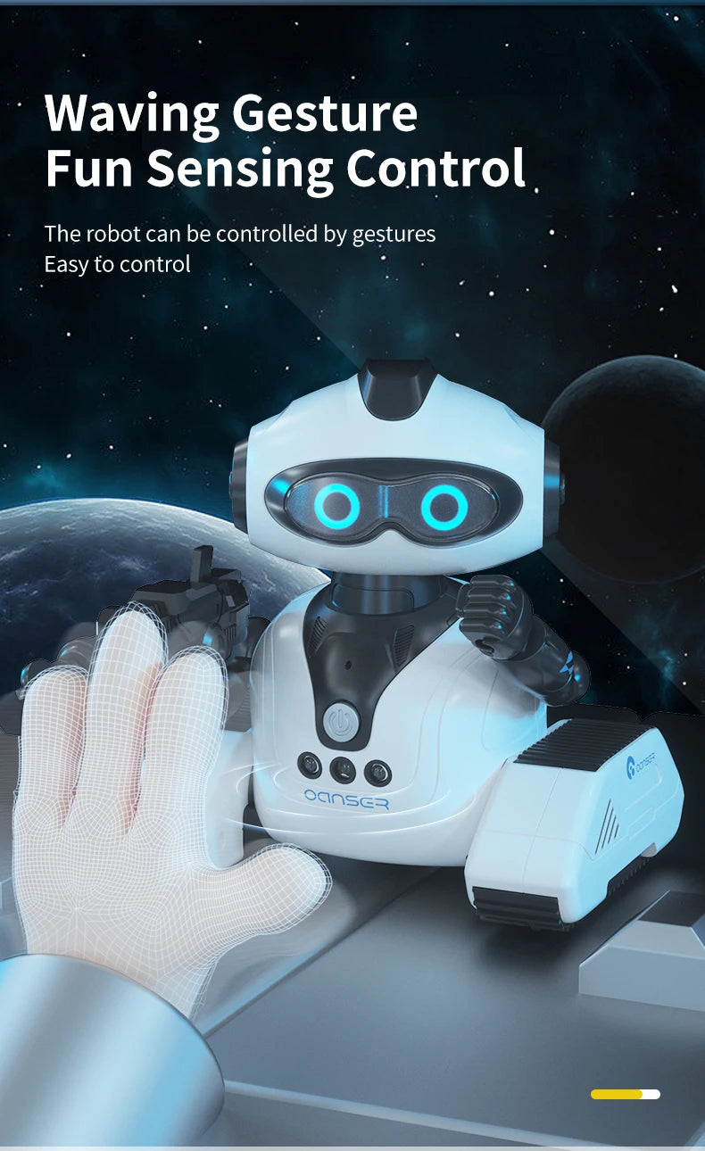 A white robot toy with glowing blue eyes is shown interacting with a hand, demonstrating waving gesture control.