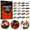 A box of a 24-day muscle car advent calendar featuring various toy vehicles and a Christmas countdown.