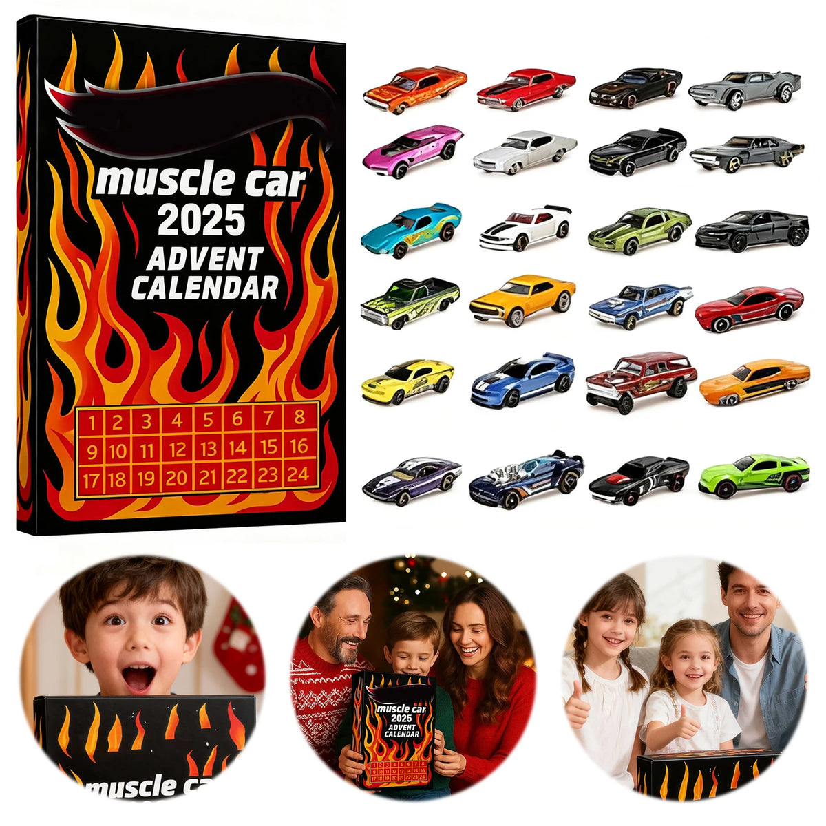 A box of a 24-day muscle car advent calendar featuring various toy vehicles and a Christmas countdown.