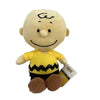 A yellow Peanuts Snoopy plush toy doll with black facial features and clothing.