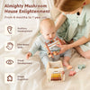 A baby is playing with a wooden mushroom castle stacking toy designed for auditory, fine motor, visual, and cognitive develop
