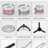 A set of plastic percussion instruments including various sized drums and sticks for children's music learning