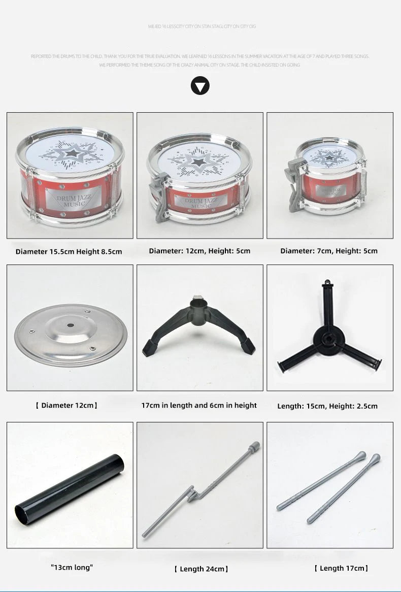 A set of plastic percussion instruments including various sized drums and sticks for children's music learning