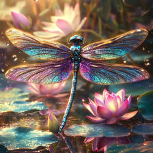 A detailed diamond painting of a iridescent blue and purple dragonfly with translucent wings resting on water surrounded by p