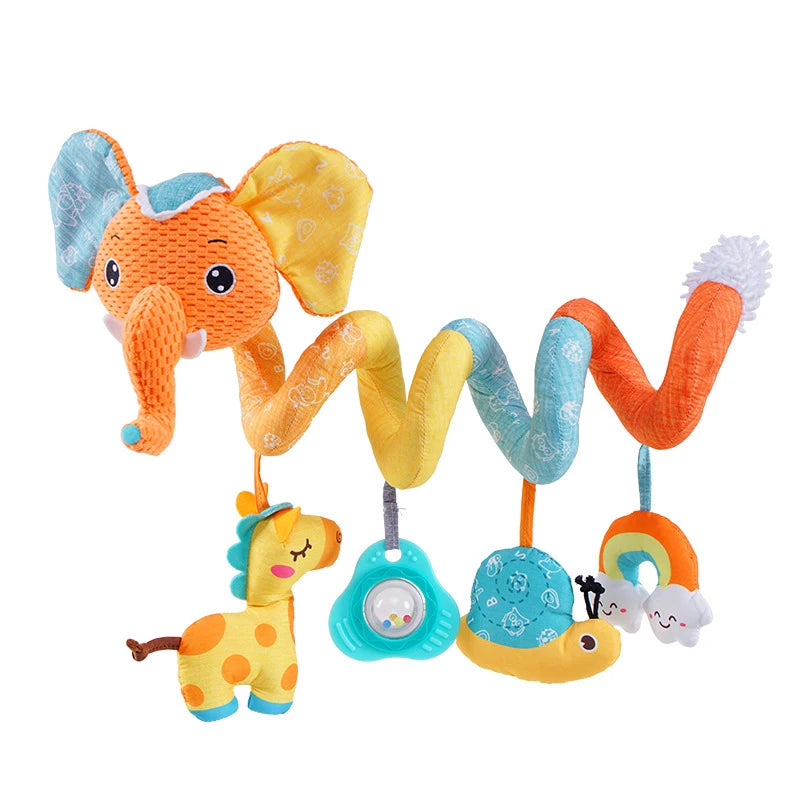 An orange elephant sensory toy with yellow ears and a spiral design, featuring various colorful dangling parts.