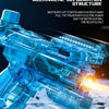A close-up of a blue mechanical deformation structure water blaster firing a bright stream of liquid.