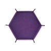A purple foldable PU leather hexagonal dice tray for tabletop games and desk organization.