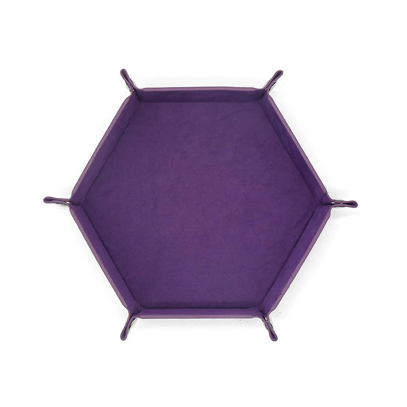 A purple foldable PU leather hexagonal dice tray for tabletop games and desk organization.