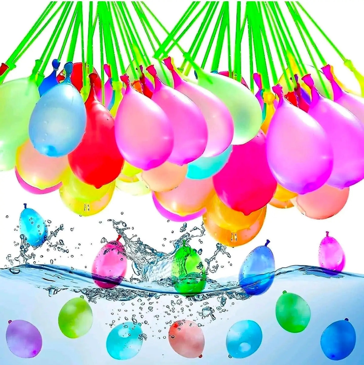 A collection of colorful water balloons floating above a surface of water.