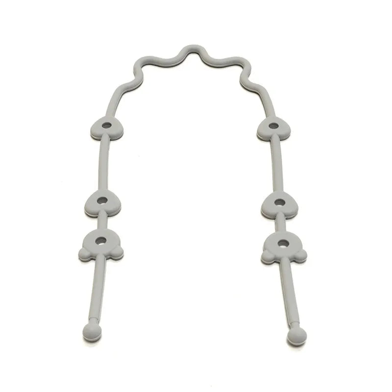 A white silicone pacifier clip with an anti-drop chain, shaped like a curved line.